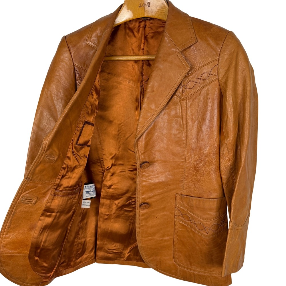 Vtg Leather Blazer Womens 10 Cognac Brown Western Stitched Jacket Western Boho
